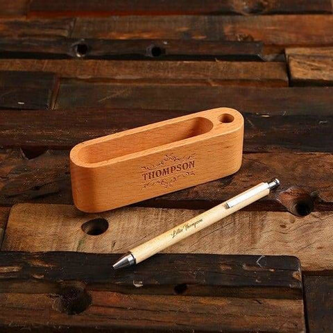 Image of Personalized Wood Pen & Business Card Holder in Dark & Light Brown - All Products