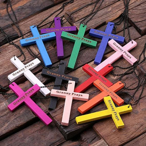 Image of Personalized Wooden Religious Cross Necklace/Accessory in Varying Color - Religious Gifts