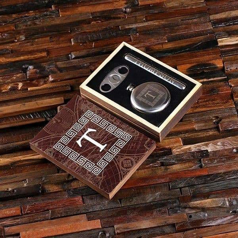 Image of Round 5 oz. Flask Cigar Holder and Cutter with Printed Wood Box - Flask Gift Sets
