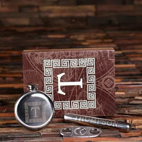 Image of Round 5 oz. Flask Cigar Holder and Cutter with Printed Wood Box - Flask Gift Sets