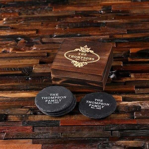 Image of Round Slate Coasters with Engraved Wood Box - Coasters & Gift Box