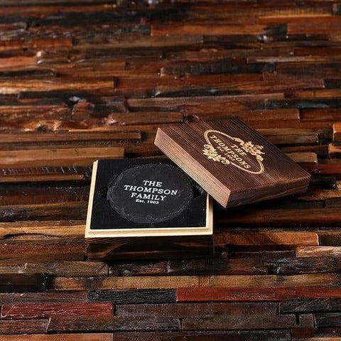 Image of Round Slate Coasters with Engraved Wood Box - Coasters & Gift Box