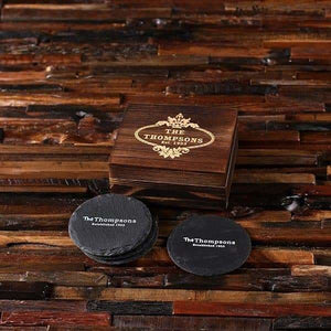 Round Slate Coasters with Engraved Wood Box - Coasters & Gift Box