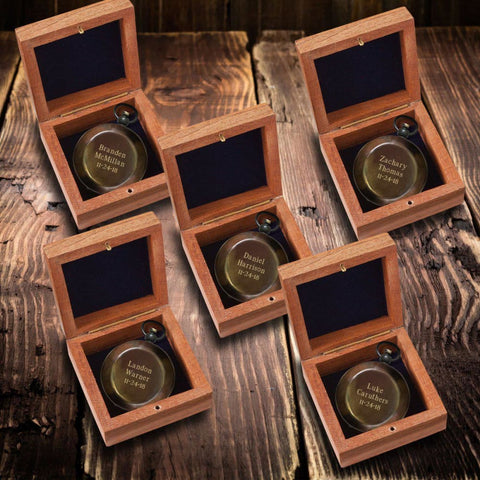 Image of Set of 5 Personalized Antiqued Keepsake Compass with Wooden Box - 3Lines - Outdoors