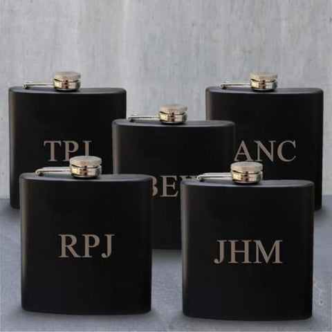 Image of Set of 5 Personalized Black Matte Stainless Steel Groomsmen Flask - Flasks