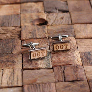 Silver Metal Personalized Mens Classic Cuff Links Wood Inserts Rectangle - Cuff Links