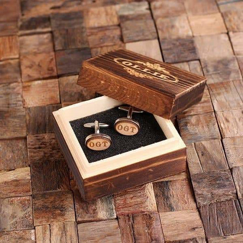 Image of Silver Personalized Mens Classic Cuff Links Wood Inserts with Box Oval - Cuff Links & Gift Box