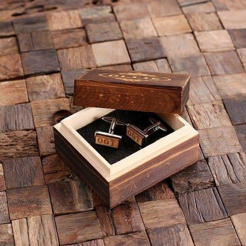 Image of Silver Personalized Mens Classic Cuff Links Wood Inserts with Box Rectangle - Cuff Links & Gift Box