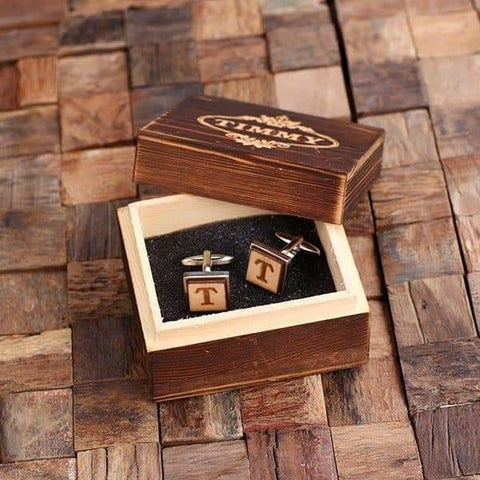 Image of Silver Personalized Mens Classic Cuff Links Wood Inserts with Box Square - Cuff Links & Gift Box