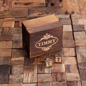Silver Personalized Mens Classic Cuff Links Wood Inserts with Box Square - Cuff Links & Gift Box