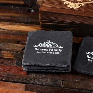 Square Slate Coasters with Engraved Wood Box - Coasters & Gift Box