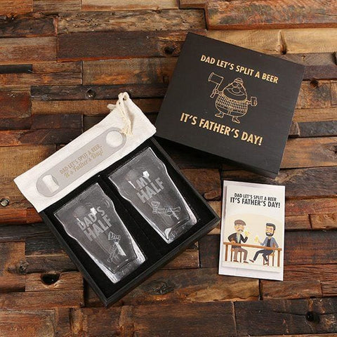 Image of Unique Split Craft Beer Glasses with Bottle Opener and Wood Box with Gift Card - Assorted Fathers Day