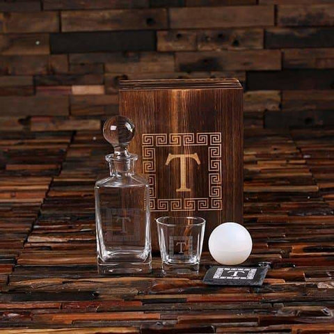 Image of Whiskey Ball Decanter Whiskey Glass Slate Coaster (Ice Ball Maker Mold) Engraved Wood Box - Decanter - Whiskey Sets