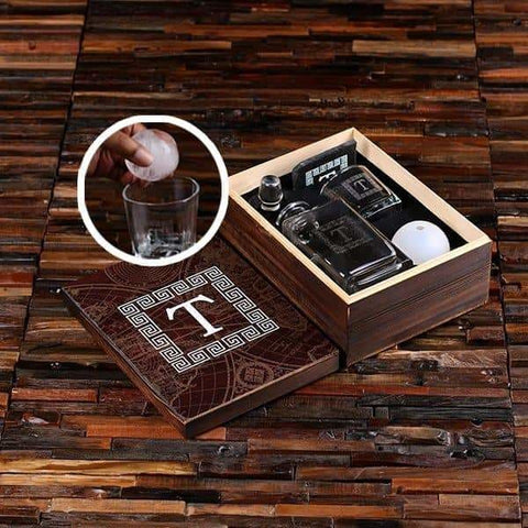 Image of Whiskey Ball Decanter Whiskey Glass Slate Coaster (Ice Ball Maker Mold) Printed Wood Box - Decanter - Whiskey Sets