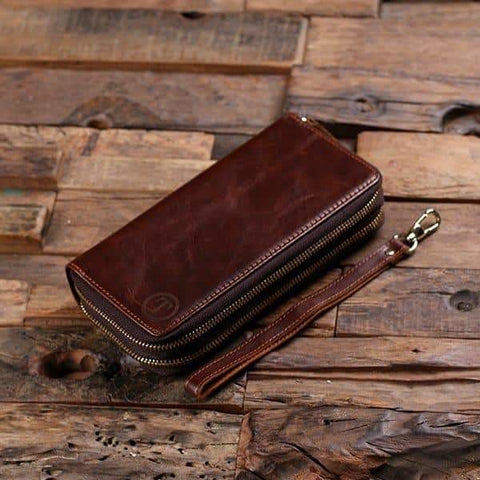 Image of Womens Clutch Wallet Monogrammed Brown Genuine Leather Long Wallet Zipper Wallet for Her with Box - Wallets & Gift Box