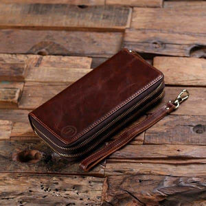 Womens Clutch Wallet Monogrammed Brown Genuine Leather Long Wallet Zipper Wallet for Her with Box - Wallets & Gift Box