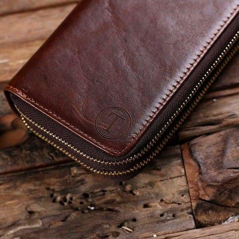 Image of Womens Clutch Wallet Monogrammed Brown Genuine Leather Long Wallet Zipper Wallet for Her without Box - Wallets