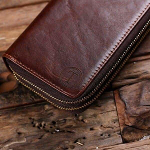 Womens Clutch Wallet Monogrammed Brown Genuine Leather Long Wallet Zipper Wallet for Her without Box - Wallets