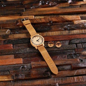Wood Watch and Cuff Links with Engraved Wood Box - Watch Gift Sets