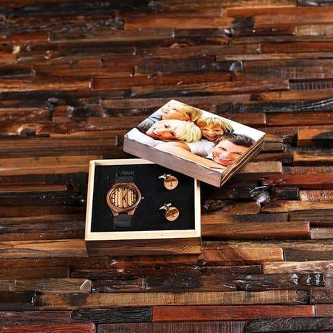 Image of Wood Watch and Cuff Links with Printed Wood Box - Watch Gift Sets
