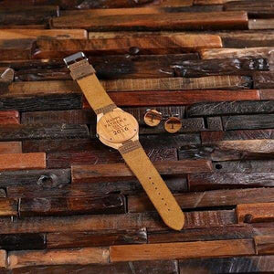 Wood Watch and Cuff Links with Printed Wood Box - Watch Gift Sets