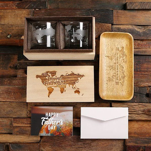 Image of World Map Whiskey Glasses & Tray with Wood Keepsake Gift Box with Gift Card - Assorted Fathers Day